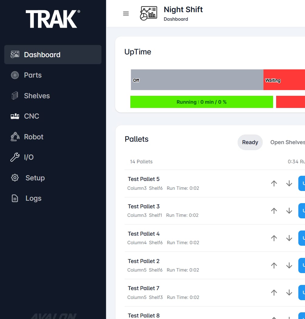 Night Shift operator dashboard showing machine uptime and the pallet queue