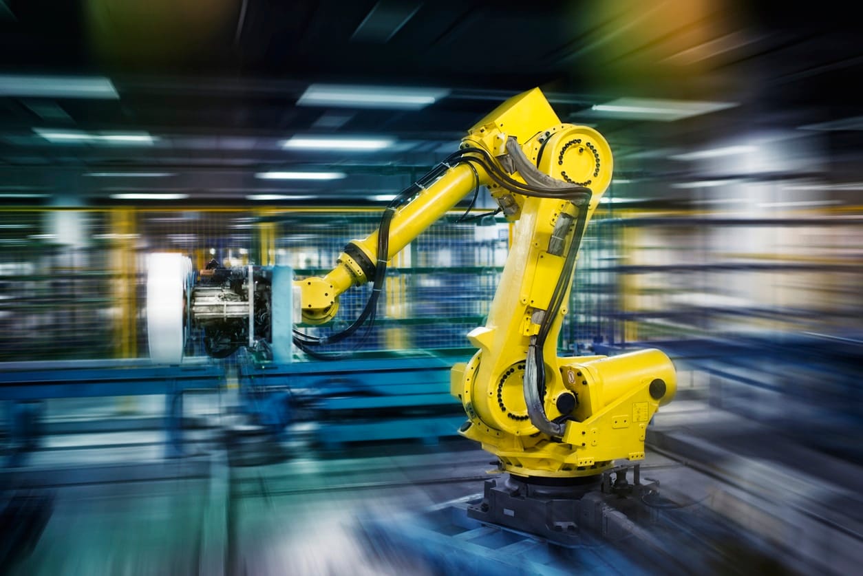 Industrial robot arm on a factory floor
